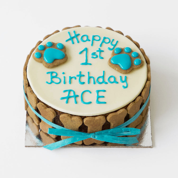 Dog Birthday Cake Dog PAWTY White with Blue Writing