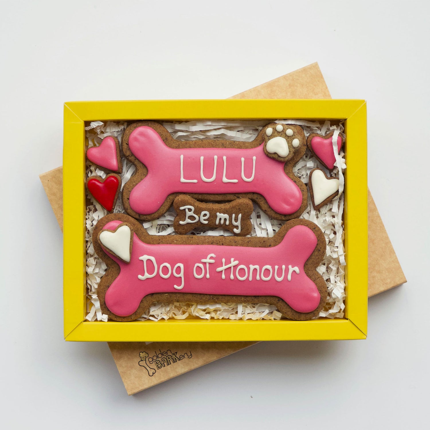Dog Treats Personalised Be My Dog of Honour Bone Pink Open Box